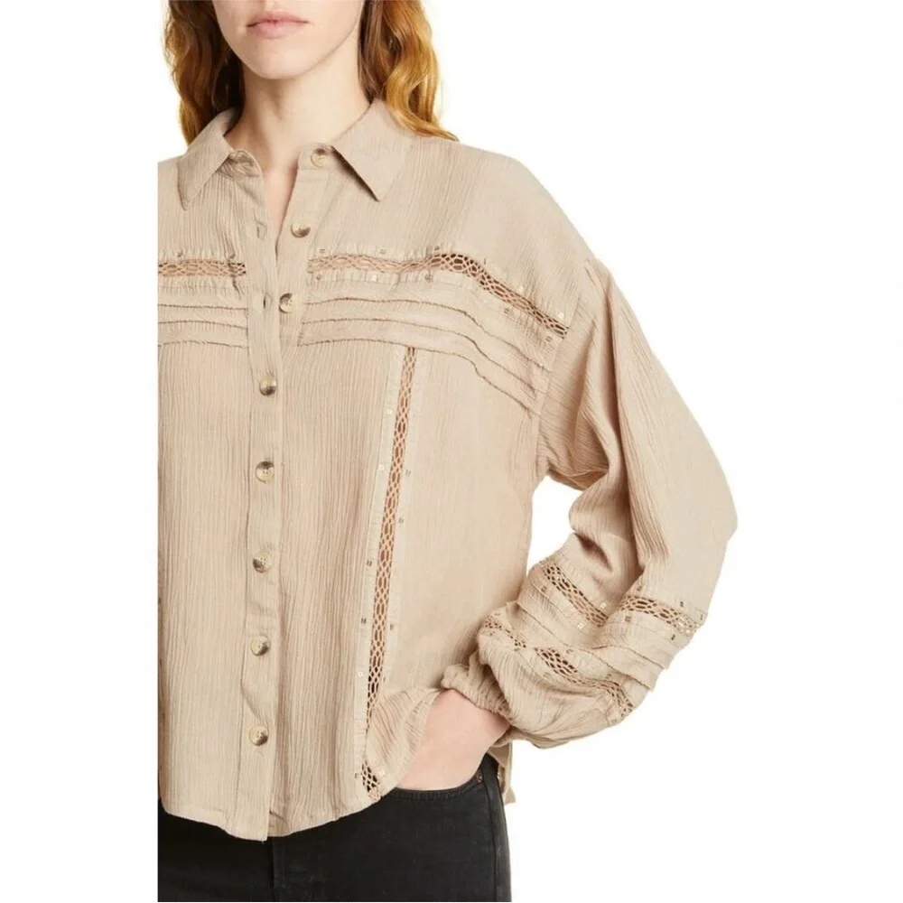 Free People Summer Star Crinkled Brown Lace-Trim Blouse size S